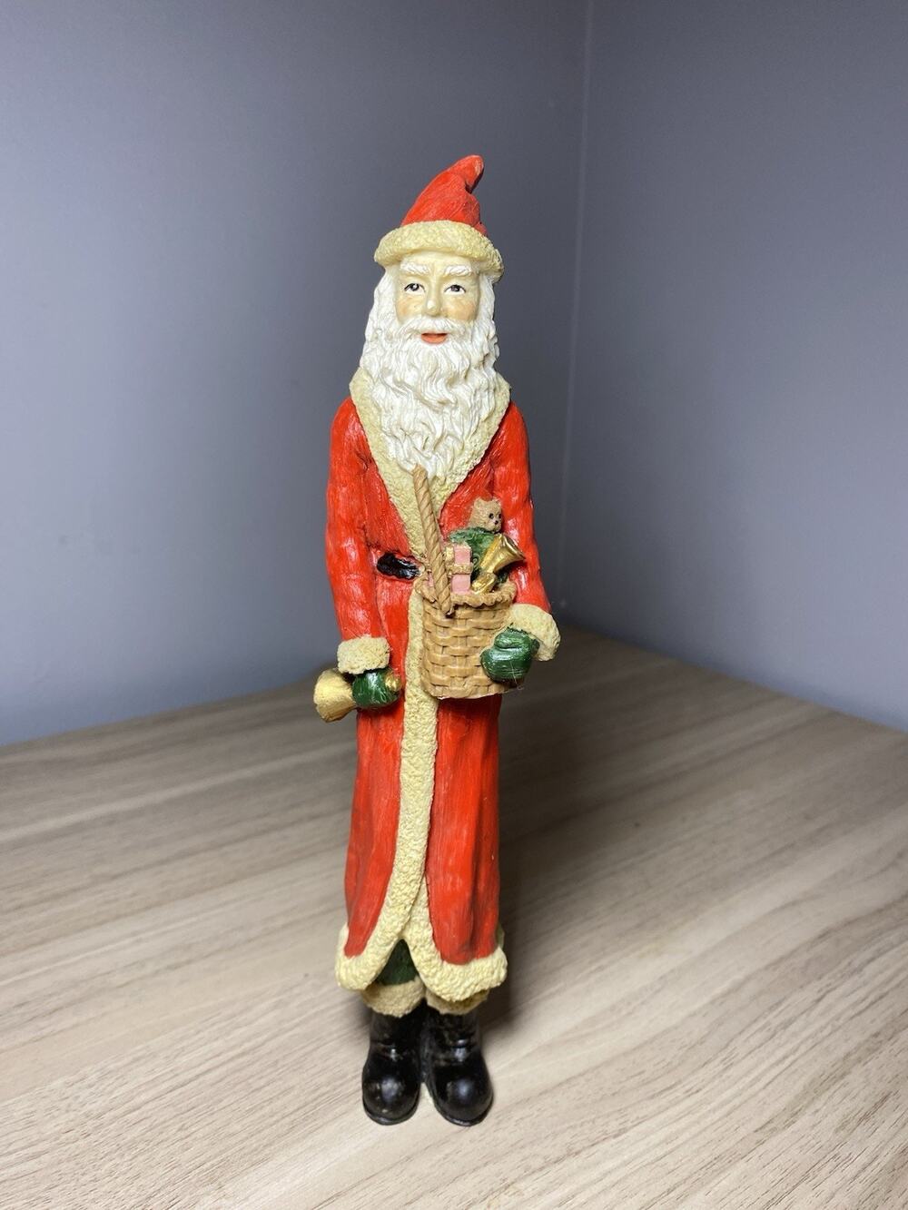 Vintage Skinny Pencil Santa 10” Holding Bell & Basket Holiday Christmas Decor